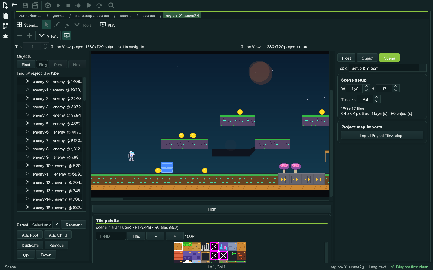 Zanna Studio in Game View: a platformer level drawn with its real tiles, coins, mushrooms and player sprite, framed at 1280 by 720, with the object list showing sixteen named enemies and the tile palette below the canvas.