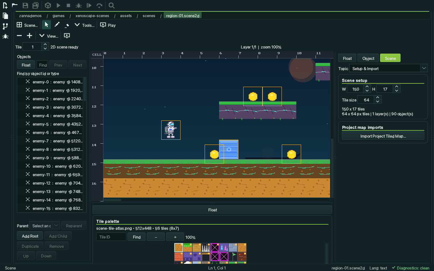 Zanna Studio's 2D scene editor showing a Xenoscape region with rendered tiles, a tile palette and a scene property inspector