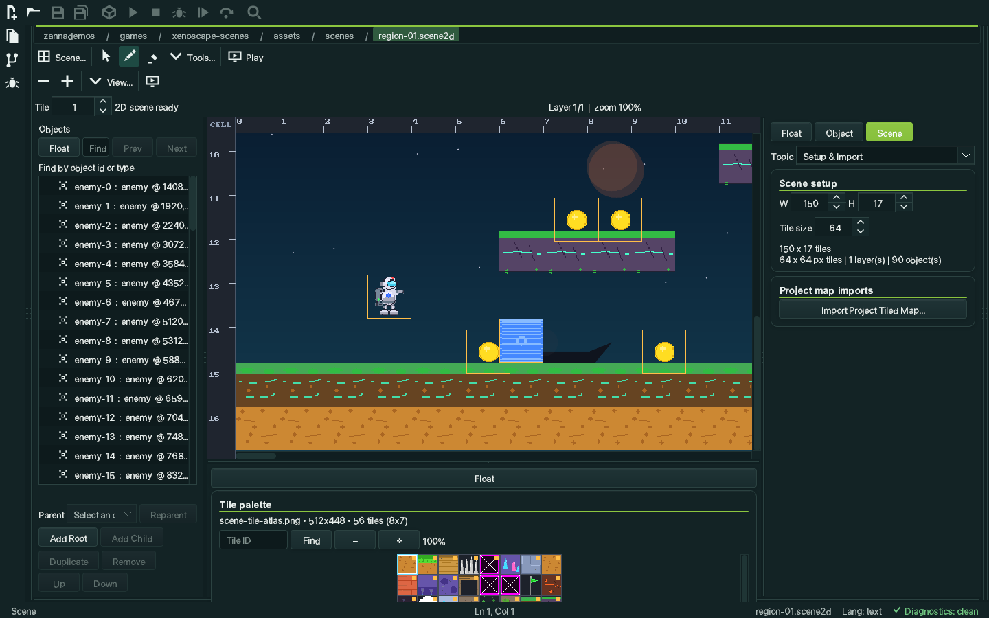 The same 2D scene with the Paint tool selected, the tile palette showing the decoded atlas frames, and the tool chrome active in the command bar.